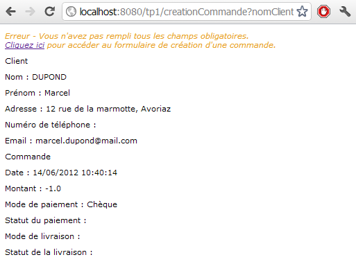 Affichage du message d'erreur et des données