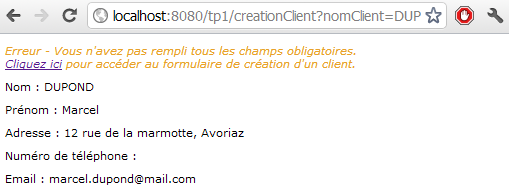 Affichage du message d'erreur et des données