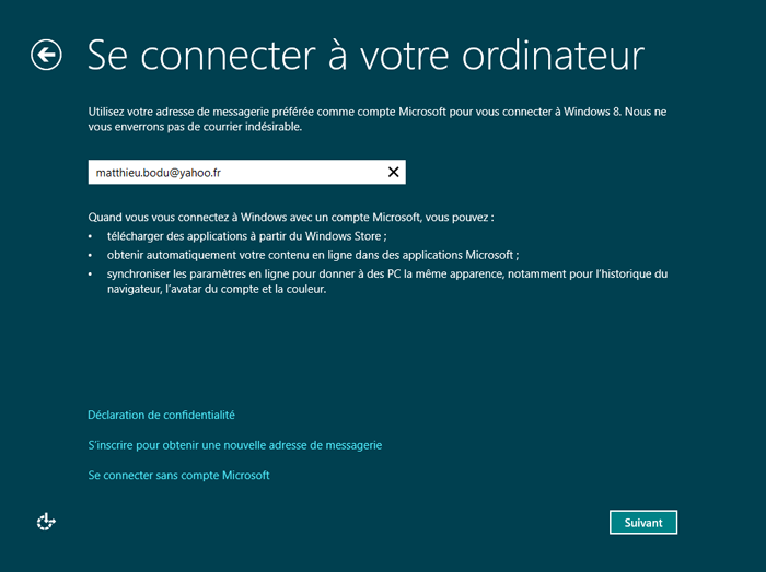 Utiliser une adresse de messagerie pour se connecter à l'ordinateur