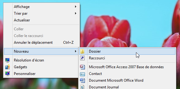 Clic droit > Nouveau > Dossier, sur le Bureau