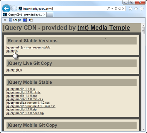 Téléchargement de jQuery sur le site officiel