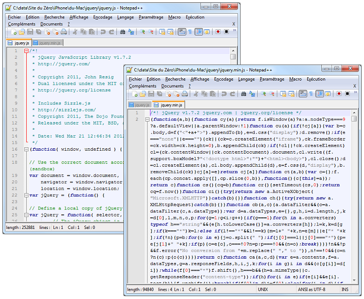 À gauche le code avec espaces, tabulations et commentaires, à droite sans