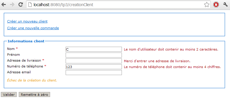Création d'un client avec erreurs