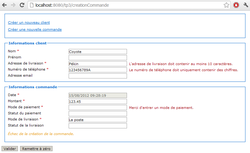 Création d'une commande avec erreurs