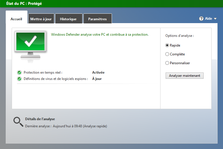 Interface de Defender