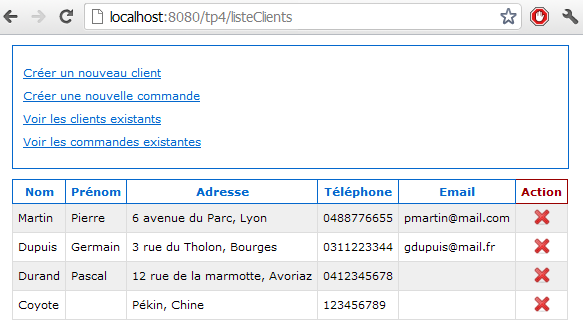 Liste des clients créés au cours de la session, ici avec quatre clients