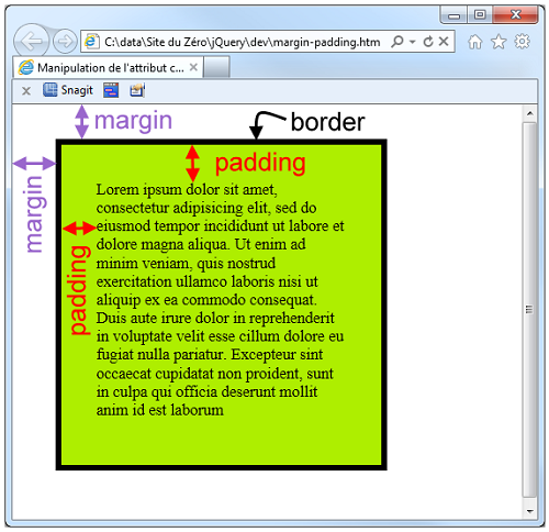 Une balise <div> avec padding, margin et border