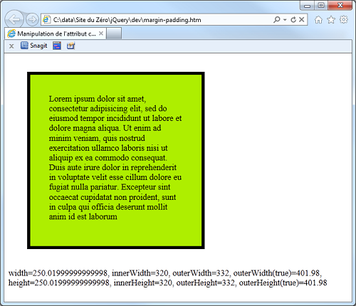 Les dimensions sont affichées sur la page