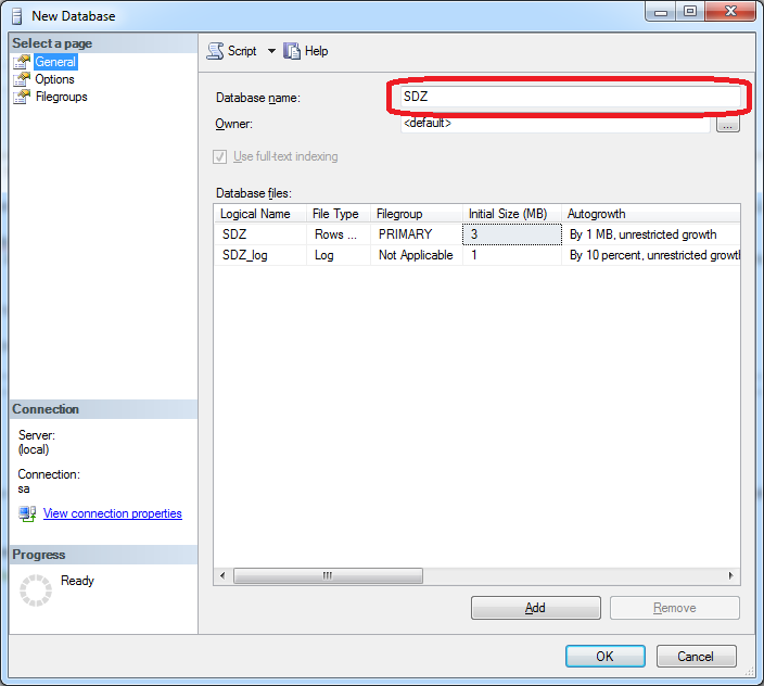 Donnez un nom à votre base de données