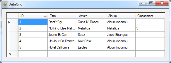 Voici à quoi ressemble l'affichage d'un DataGrid