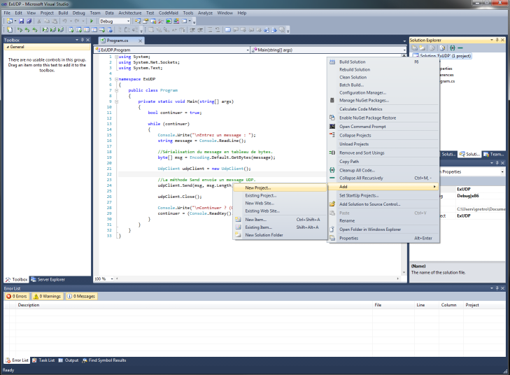 Création d'un projet dans une solution déjà existante.