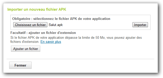 Sélectionnez l'APK à mettre en ligne
