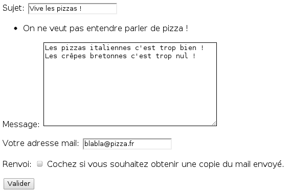 Formulaire avec données invalides