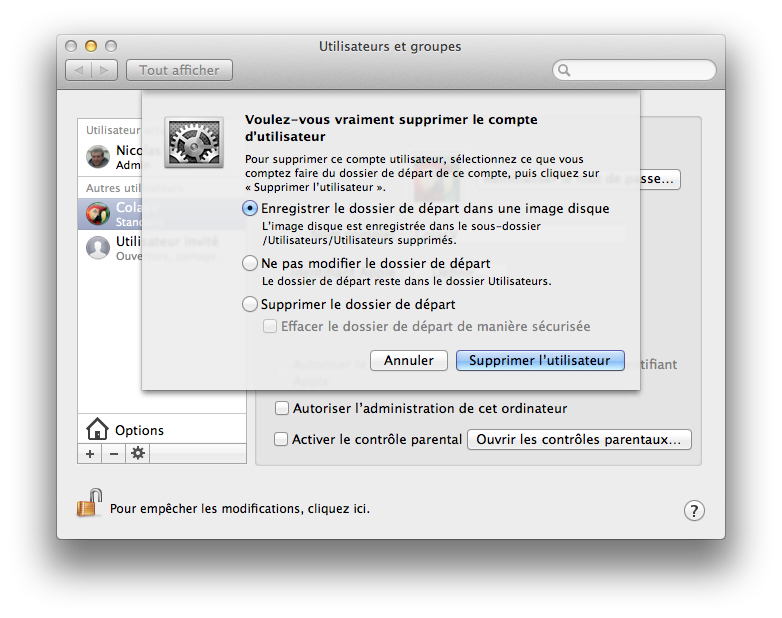 Suppression d'un compte utilisateur