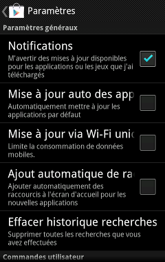 L'activité permettant de choisir des paramètres pour le Play Store