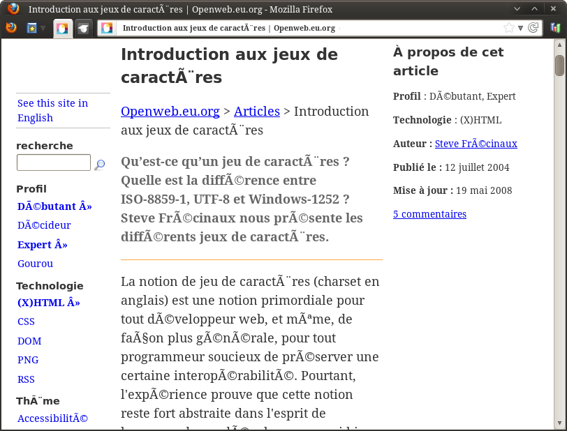 Exemple de page web lue (avec Firefox) avec un mauvais encodage − exemple bien sûr simulé !