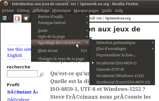 Menu des encodages dans Firefox