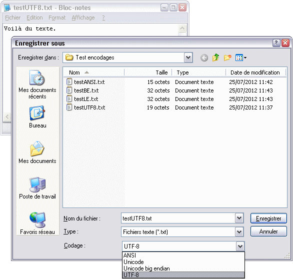 Boîte de dialogue d’enregistrement du Bloc-Notes, avec choix de l’encodage