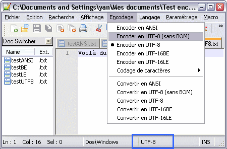 Le menu des encodages dans Notepad++