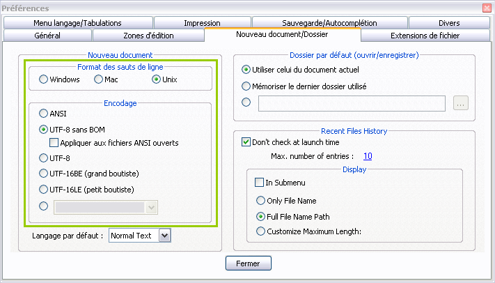 Fenêtre de configuration de Notepad++ (paramètres relatifs à l’encodage)