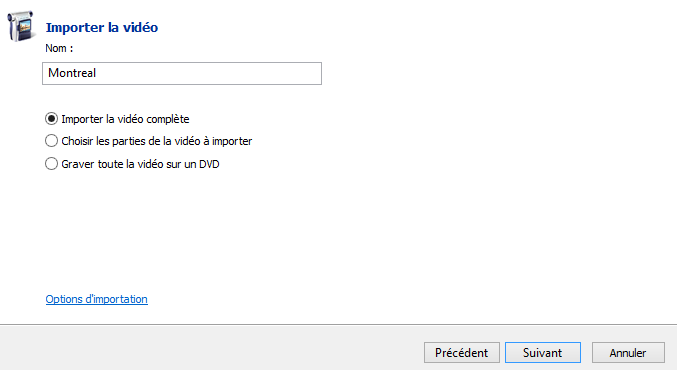 Choix du type d'import de la vidéo
