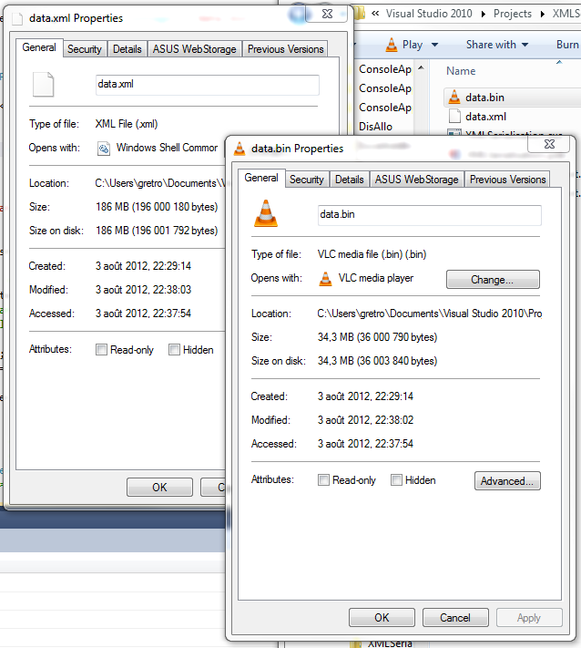 Taille des fichiers à 1 000 000 d'objets dans la liste.