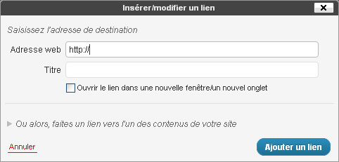 Fenêtre d'insertion de lien