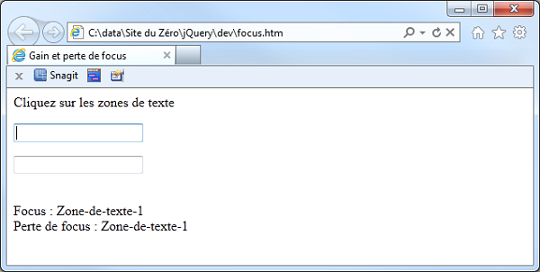 Les deux <span> sont mis à jour en fonction de l'élément qui a le focus