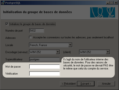Choix du mot de passe pour le superutilisateur