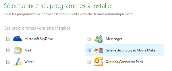 Choix des composants Windows Essentials à installer
