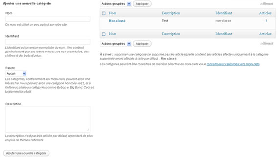 Aperçu de la page « Catégories »