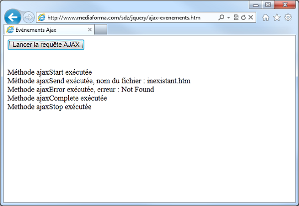 Le fichier inexistant.htm n'a pas été trouvé, ce qui a déclenché l'événement ajaxError