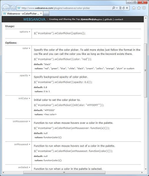La documentation en ligne du plugin « Websanova Color Picker »