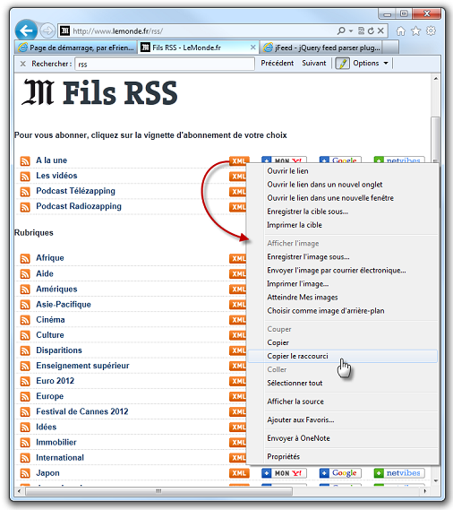 L'adresse du flux « À la une » se trouve dans le presse-papiers