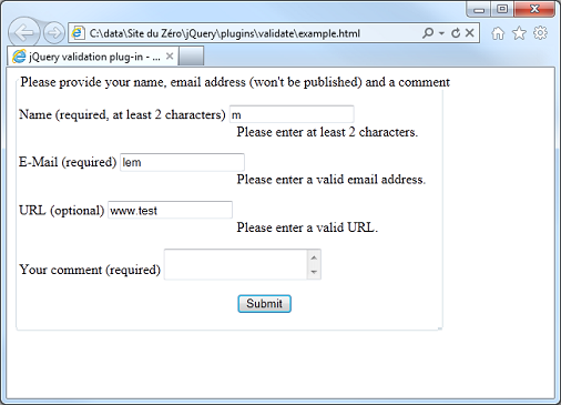 Des messages d'erreur sont affichés sous les zones de texte lorsque les informations entrées ne sont pas valides