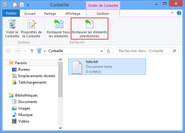 Restaurer les éléments depuis la Corbeille