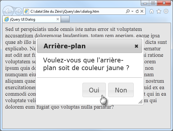 Une boîte de dialogue modale avec deux boutons