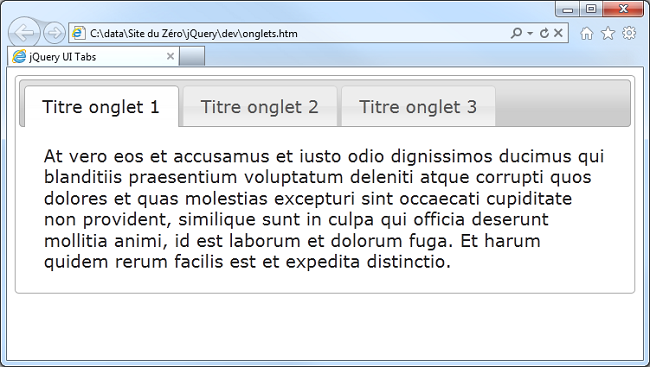 La définition d'onglets est un vrai jeu d'enfant avec jQuery UI