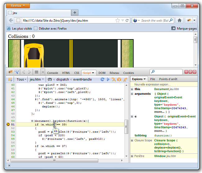 Pour connaître la valeur d'une variable ou d'une propriété, pointez-la dans le code