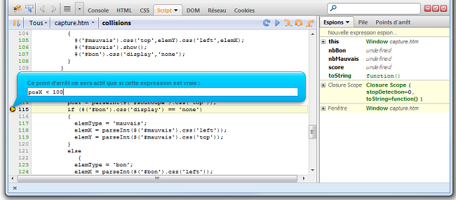 Définition d'un point d'arrêt conditionnel