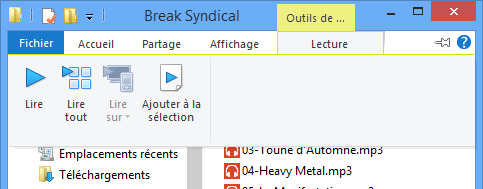 Ruban de l'explorateur Windows lors de la sélection d'un fichier musical