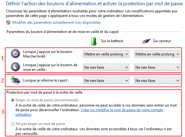 Réglages indépendants du mode