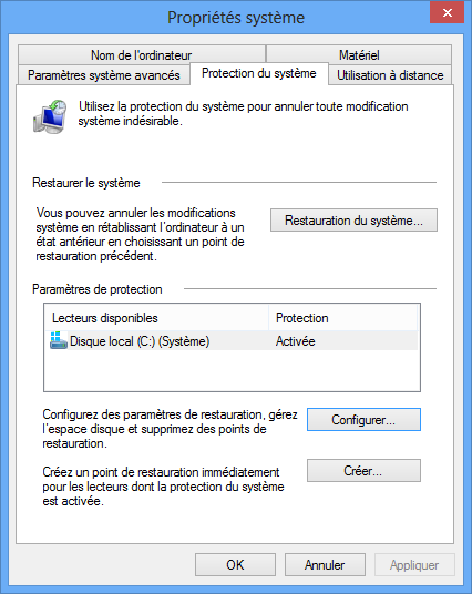 Fenêtre de la restauration du système