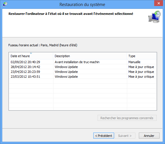 Liste des points de restauration disponibles