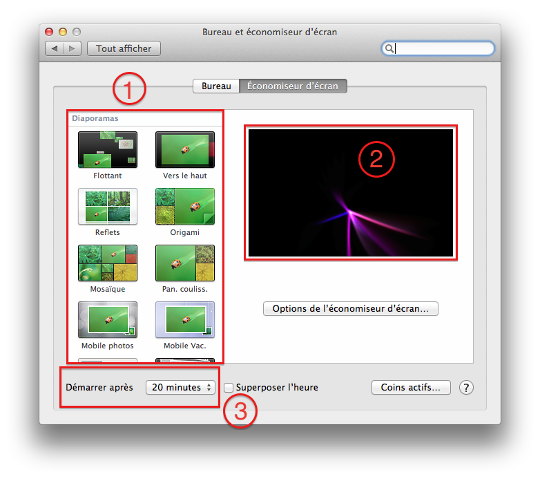 Préférences de l'économiseur d'écran