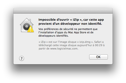 Message d'avertissement lors de l'ouverture d'une application non-identifiée