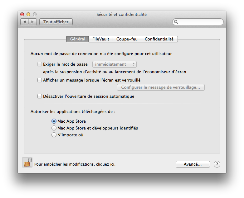 Préférences Sécurité