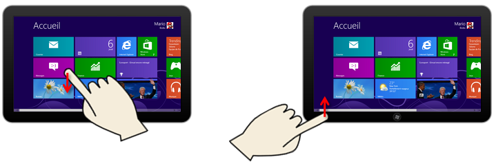 Faire apparaître la barre de commande d'une tuile ou de l'écran Démarrer avec les doigts
