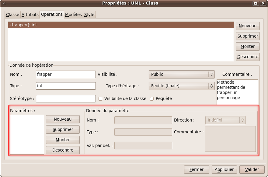 Zone permettant de modifier les paramètres de la méthode