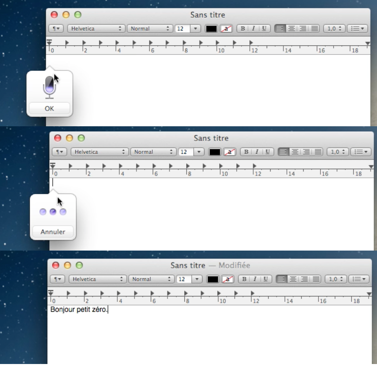 Exemple de l'utilisation de Dictée dans TextEdit